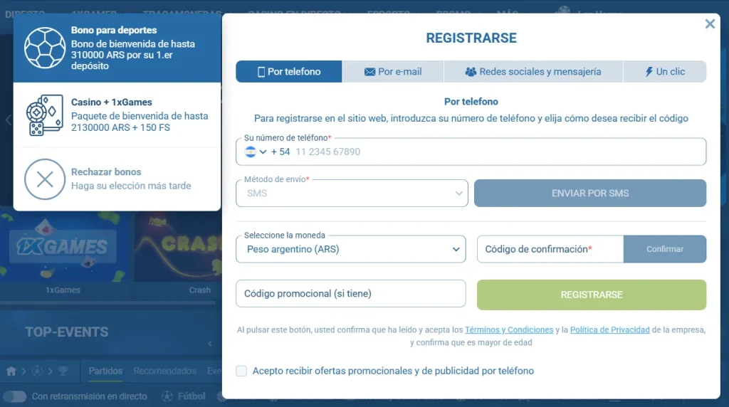 Registro de cuenta desde la app 1xBet